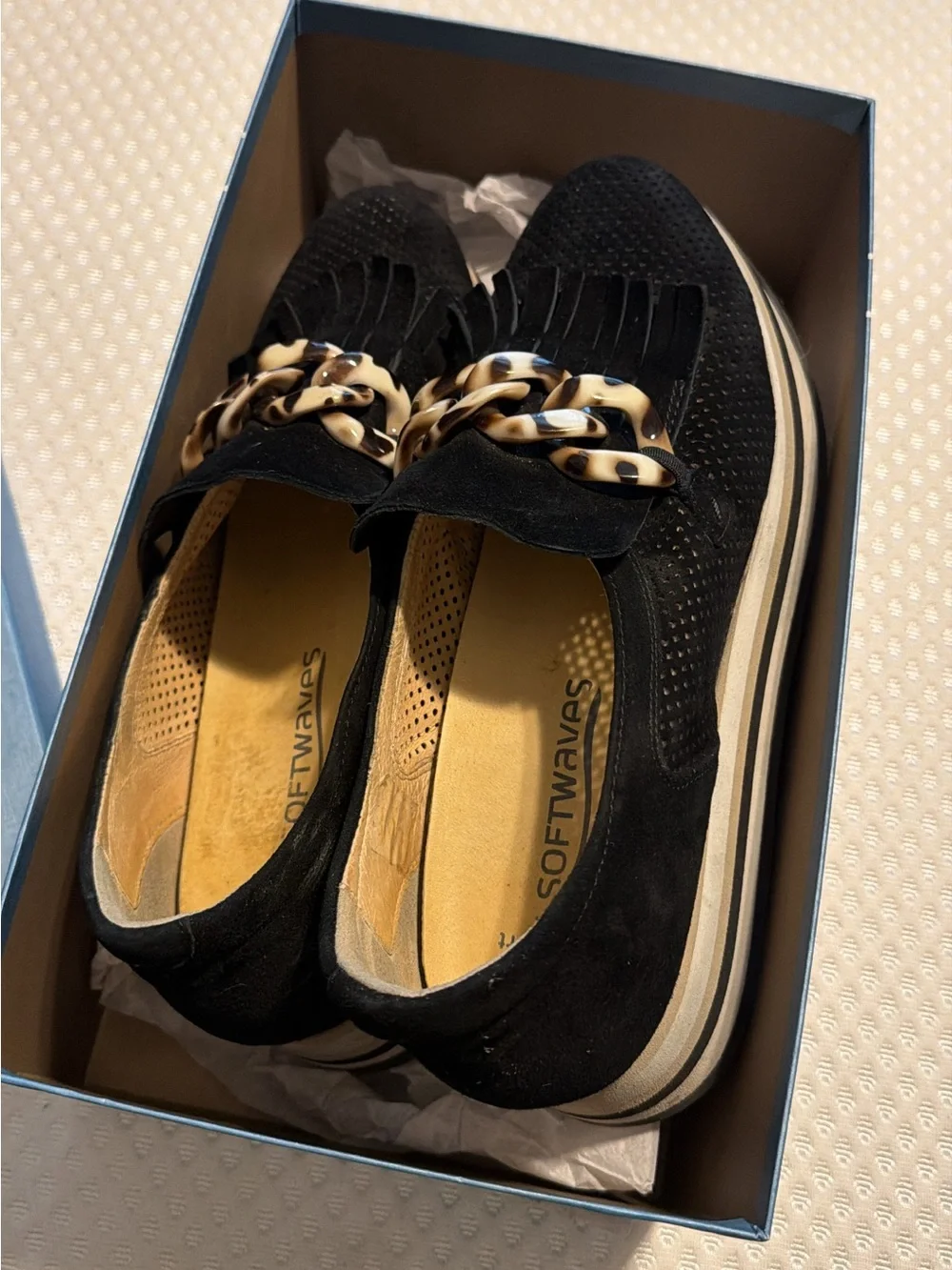 SoftWaves Black Suede Slip-On Sneakers with Tortoiseshell Chain Accent